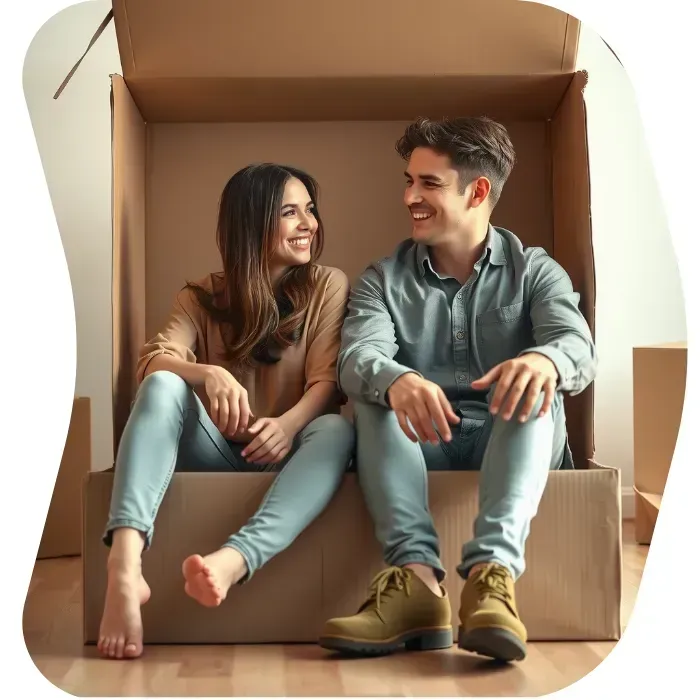 Two guys sitting on the floor of their apartment with Muval moving boxes